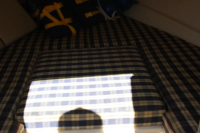 Slide: The Image of Interior of 2004 Chris-Craft Corsair 25 with plaid cushions and nautical-themed pillow. - 27