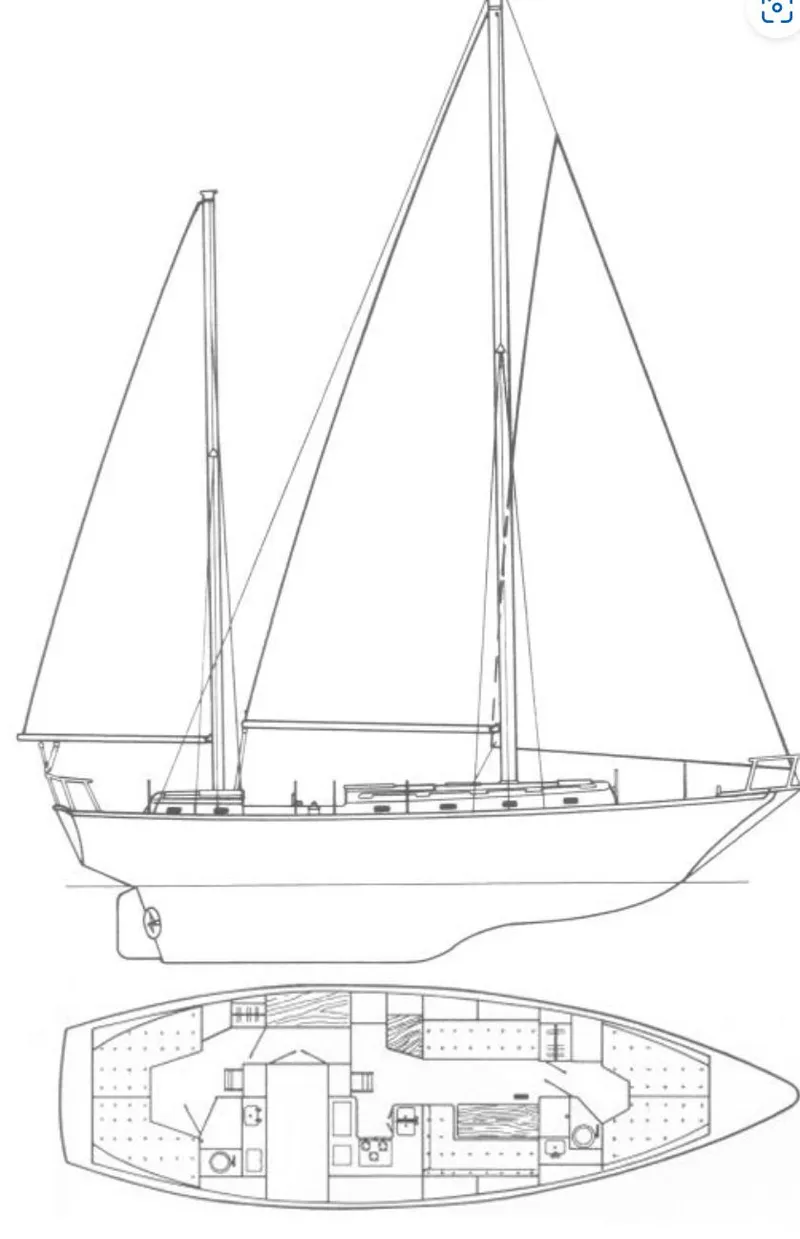 Slide: The Image of Line drawing of a 1977 Dickerson 41 sailboat, showcasing side and top views. - 5