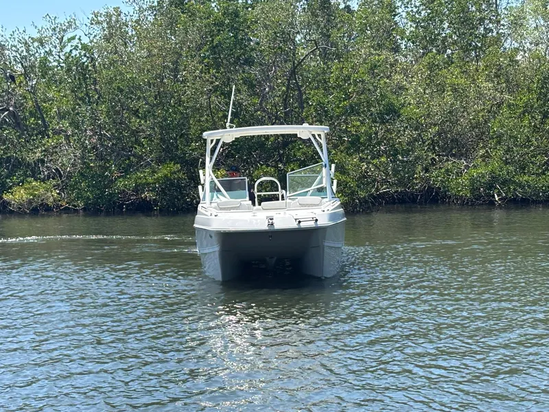 Slide: The Image of 2025 World Cat 230 SD boat cruising on a calm river with lush greenery. - 2