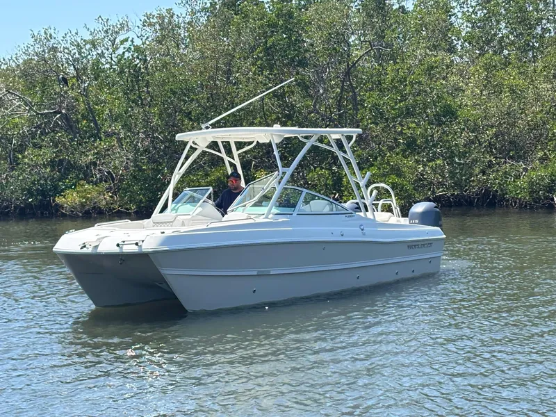 Slide: The Image of 2025 World Cat 230 SD boat cruising on a calm river with lush greenery. - 3