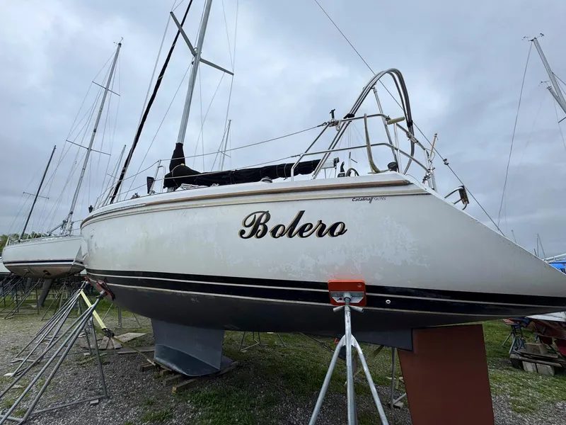 Slide: The Image of Catalina 42 MkII sailboat "Bolero" on stands, 1989 model, overcast sky. - 5