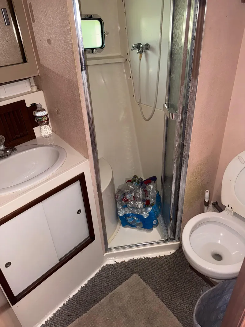 Slide: The Image of 1981 Bertram 38 Convertible bathroom with sink, shower, and toilet. - 15