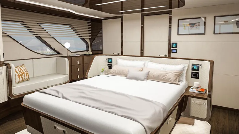 Slide: The Image of Luxurious 2023 Lazzara LSX yacht bedroom with modern design and elegant furnishings. - 25