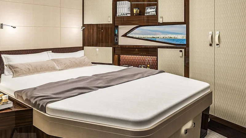 Slide: The Image of Luxurious bedroom interior of 2023 Lazzara LSX yacht with modern design and elegant furnishings. - 26