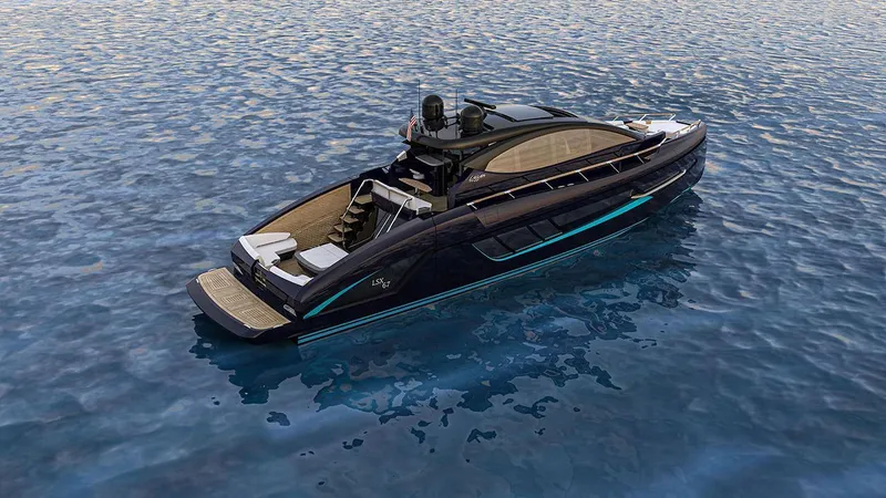 Slide: The Image of 2023 Lazzara LSX yacht on calm blue water, showcasing sleek design and luxury features. - 8