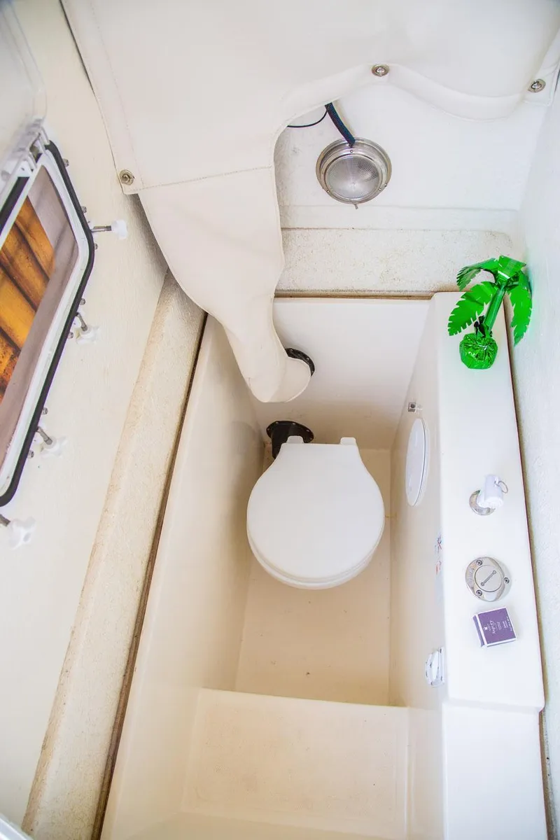 Slide: The Image of 2022 Beachcat COI Tiki Boat interior with compact bathroom and porthole window. - 17