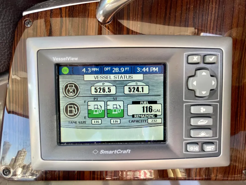 Slide: The Image of SmartCraft VesselView display on 2012 Cruisers Yachts 35 Express, showing speed, depth, and fuel status. - 30