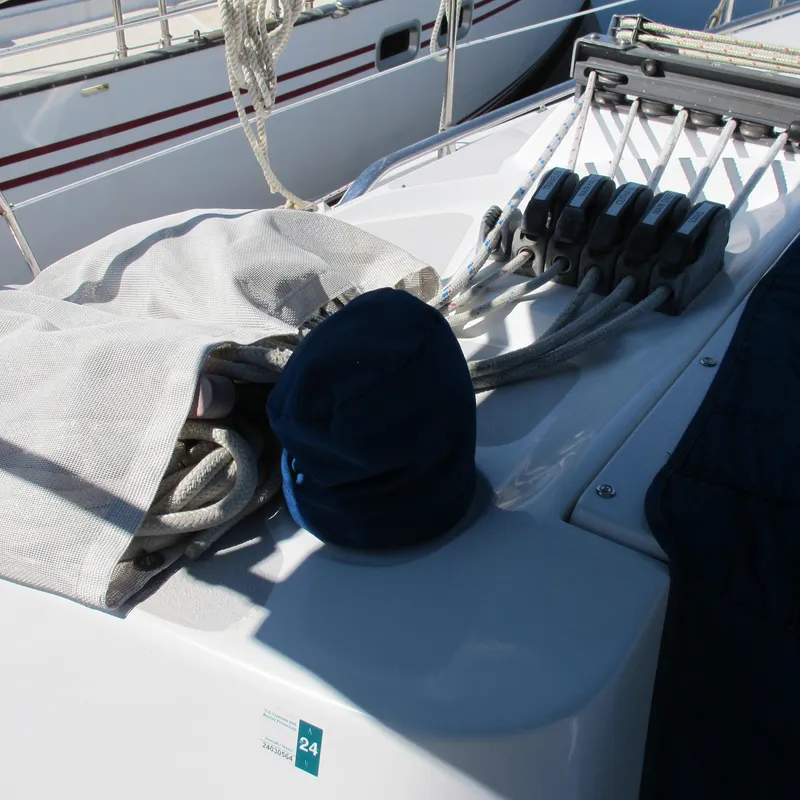Slide: The Image of Deck of 2007 Catalina 387 sailboat with ropes and winch. - 14