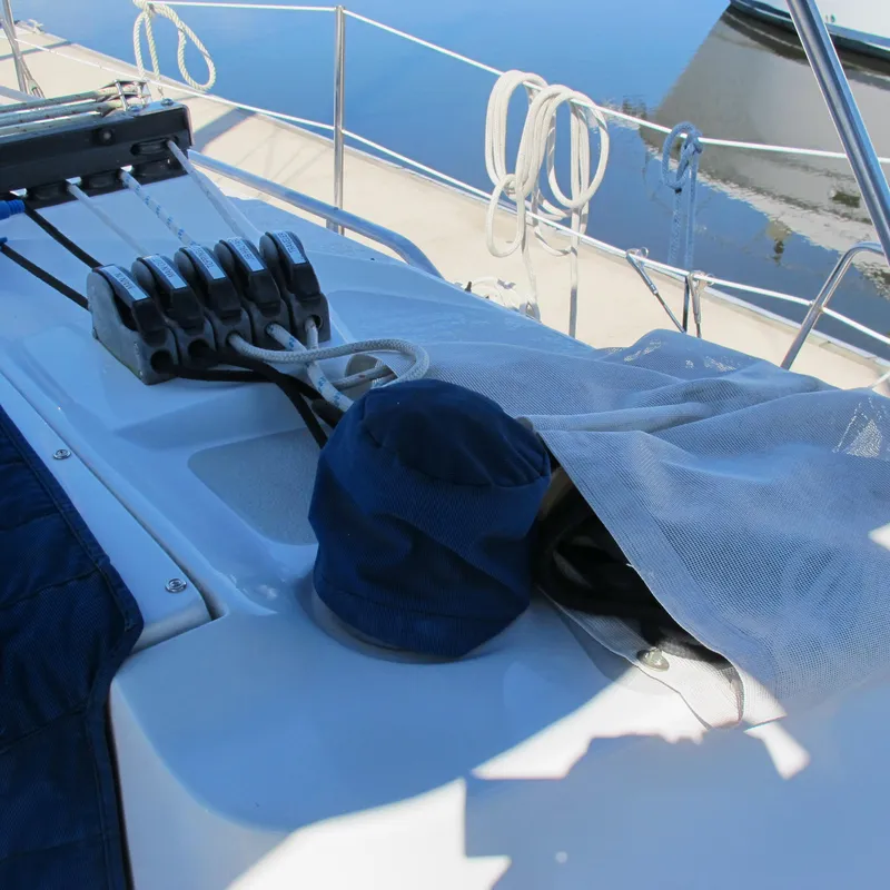 Slide: The Image of Deck of 2007 Catalina 387 sailboat with rigging and ropes. - 15