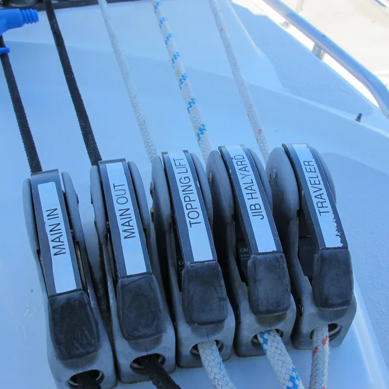 Slide: The Image of Sailboat rigging controls on a 2007 Catalina 387, labeled for easy navigation. - 20