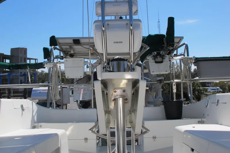 Slide: The Image of 2007 Catalina 387 yacht cockpit with steering wheel and navigation equipment. - 21