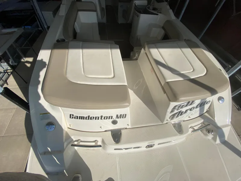 Slide: The Image of 2012 Sea Ray 270 SLX boat interior with beige seating, Camdenton, MO. - 13