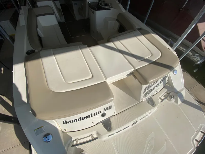Slide: The Image of 2012 Sea Ray 270 SLX boat with beige seating, docked in Camdenton, MD. - 15