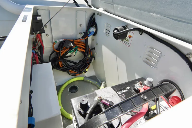 Slide: The Image of 2023 Highfield Classic 340 GT boat interior showing battery and wiring setup. - 15
