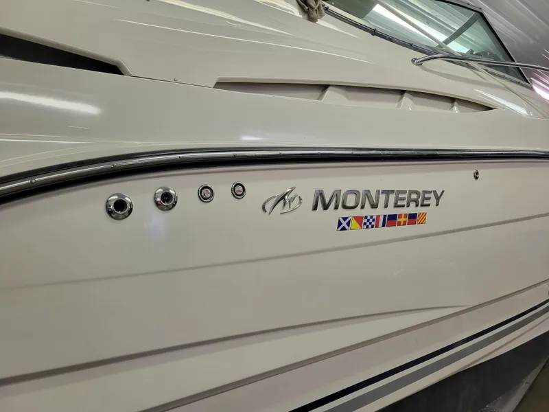 Slide: The Image of 2008 Monterey 315 Sport Yacht side view with logo and nautical flags. - 31