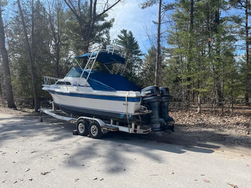 Slide: The Image of 1989 Wellcraft 250 Sportsman boat on trailer, parked in wooded area. - 14