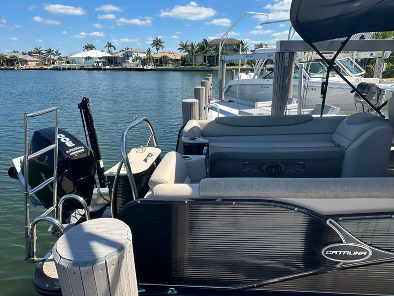Slide: The Image of 2020 Avalon Catalina Platinum Quad Lounger boat docked by a scenic waterfront. - 3