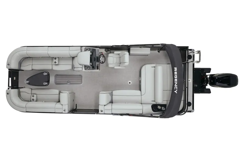 Slide: The Image of 2023 Regency 250DL3 pontoon boat, top view, spacious seating, modern design. - 19