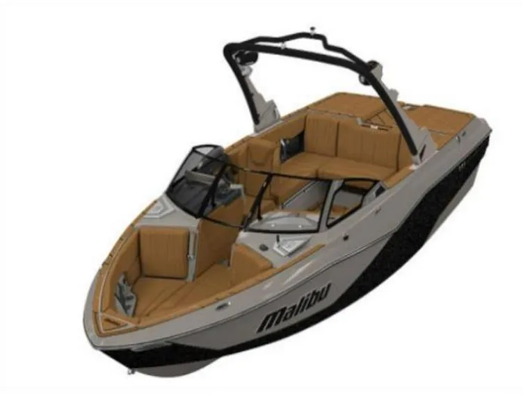 Slide: The Image of 2025 Malibu 22 LSV boat with sleek design and tan interior. - 1