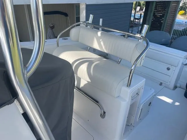 Slide: The Image of 2007 Southport 28 CC boat interior with white seating and stainless steel railings. - 21