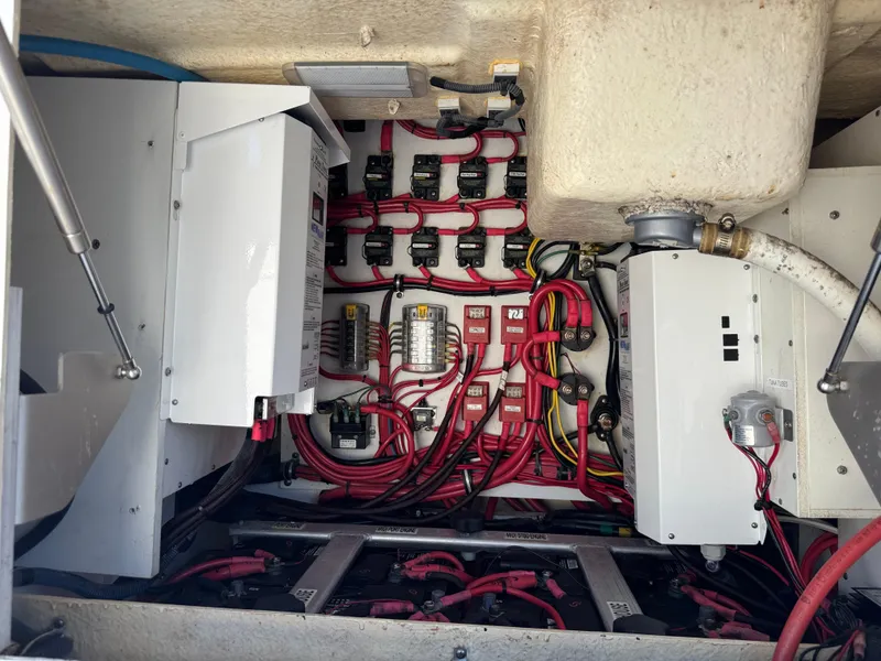 Slide: The Image of Electrical system of a 2016 Everglades 435 Center Console boat, showcasing wiring and components. - 55