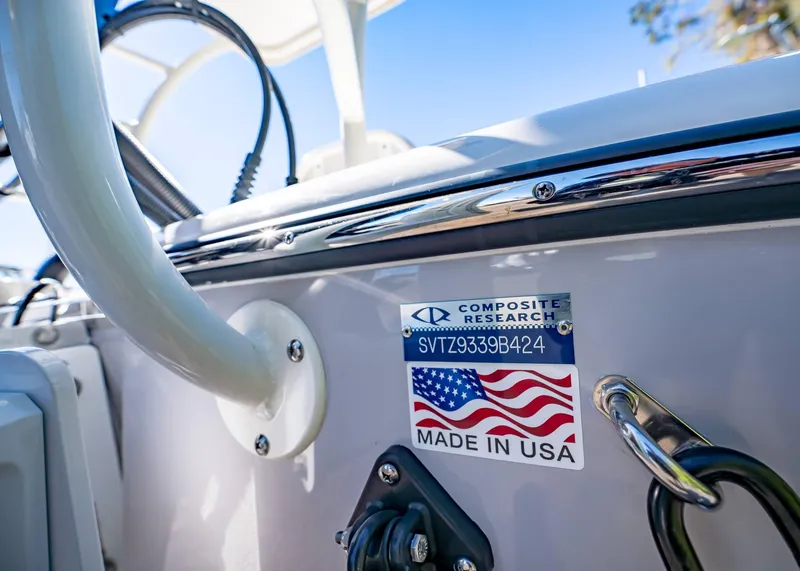 Slide: The Image of 2024 Spyder FX 19 Vapor boat, Composite Research label, Made in USA, close-up view. - 24