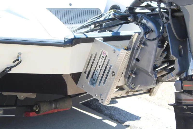 Slide: The Image of 2007 Ranger Z21 boat motor mount detail with visible branding. - 7