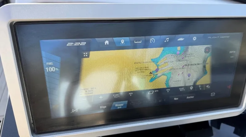 Slide: The Image of Touchscreen display on 2021 Yamaha Boats 252SE showing navigation map and controls. - 33