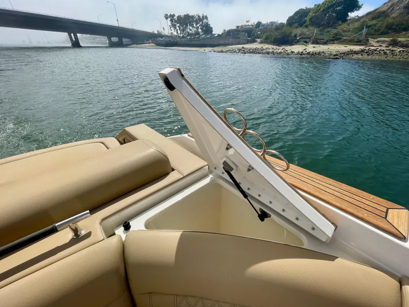 Slide: The Image of 2019 Sea Ray SLX 310 boat with open storage compartment, near a bridge and shoreline. - 17