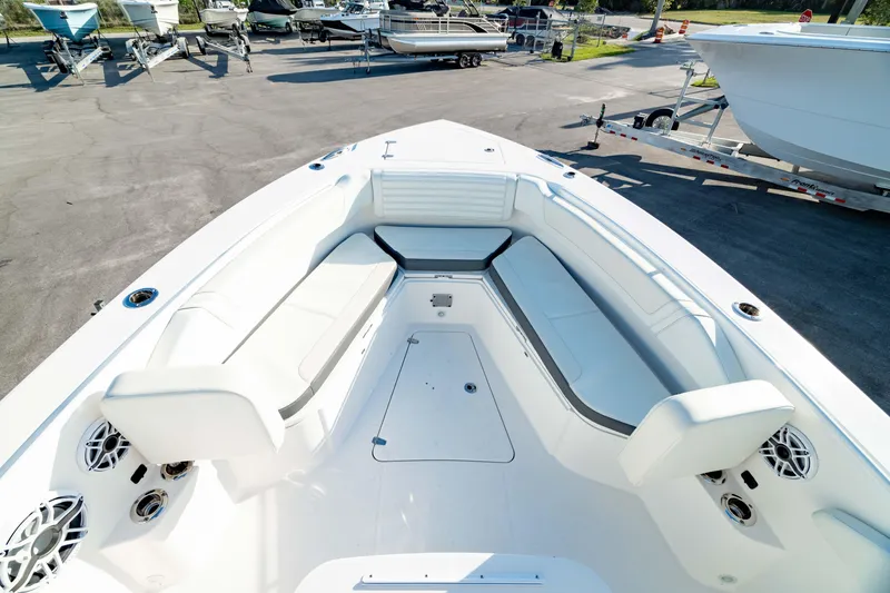 Slide: The Image of 2024 Edgewater 340CC boat interior with spacious seating and modern design. - 5