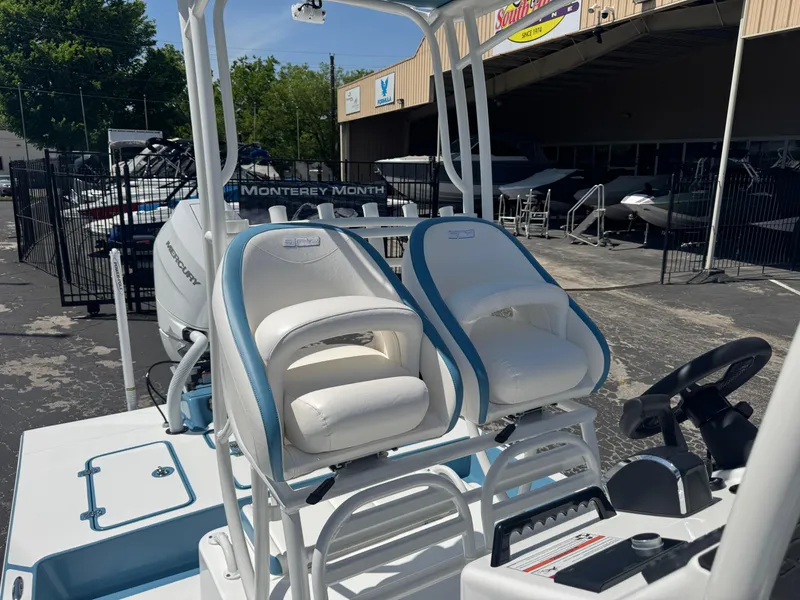 Slide: The Image of 2025 SCB R24 boat with dual white seats and control panel, displayed outdoors. - 22