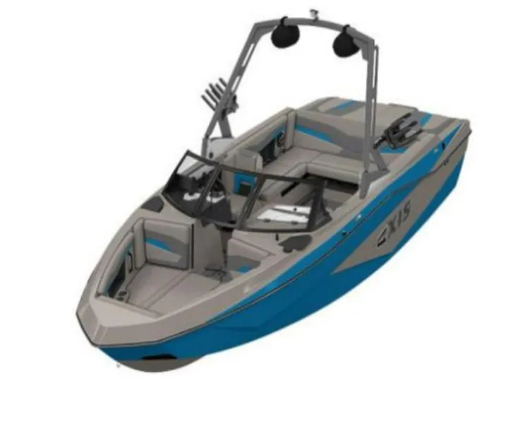 Slide: The Image of 2025 Axis T220 boat, blue and gray design, open seating, wakeboard tower. - 1
