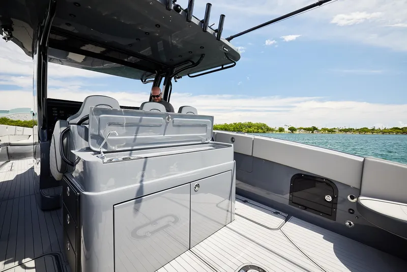 Slide: The Image of 2025 Midnight Express 43' Open yacht interior with sleek design and modern amenities. - 13