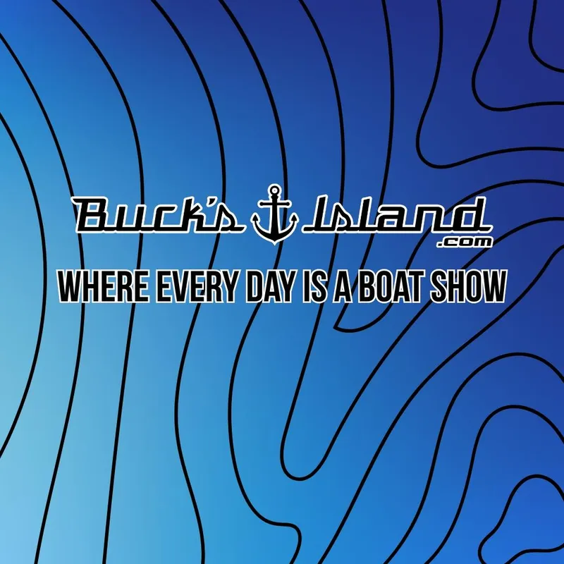 Slide: The Image of Buck's Island logo with slogan 'Where Every Day is a Boat Show' on blue background. - 12