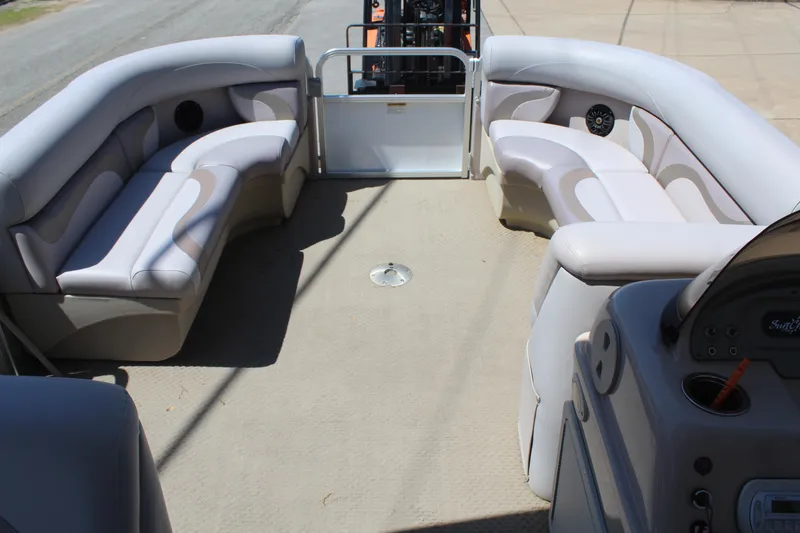 Slide: The Image of 2013 SunChaser 8520 Cruise pontoon boat interior with spacious seating and modern design. - 15