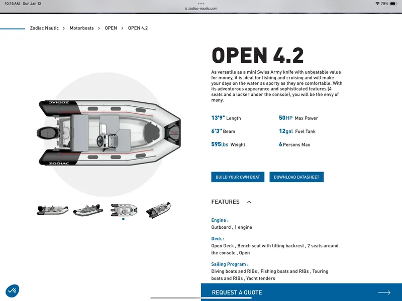 Slide: The Image of Zodiac Open 4.2 boat specifications and features, including dimensions, power, and seating capacity. - 17
