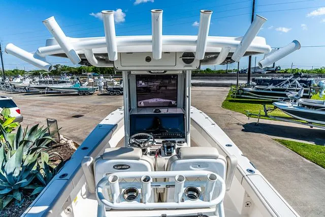 Slide: The Image of Control panel of 2022 Blue Wave 2800 Makaira boat, featuring switches and emergency power controls. - 6