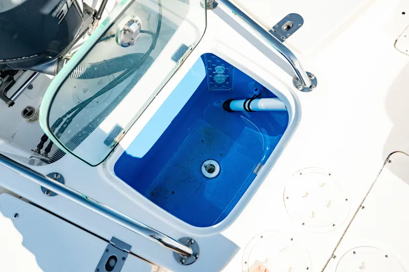 Slide: The Image of Livewell on 2016 Everglades 230 Dual Console boat, featuring blue interior and glass cover. - 10