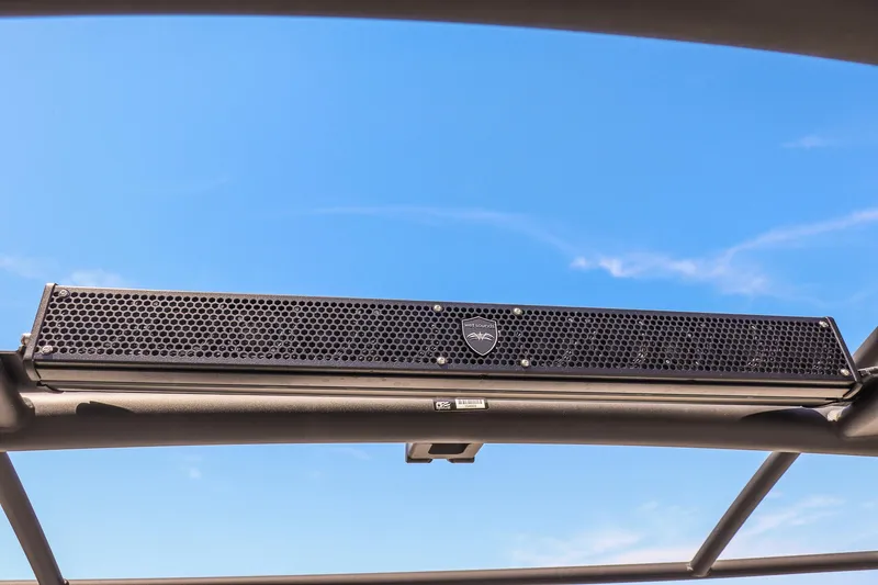 Slide: The Image of 2024 Yamaha Boats 255XD sound system against a clear blue sky. - 16