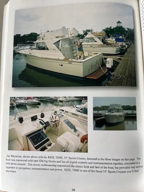 Slide: The Image of 1970 Chris-Craft Commander Sport Cruiser Fly Bridge docked, showcasing classic design and modern upgrades. - 19