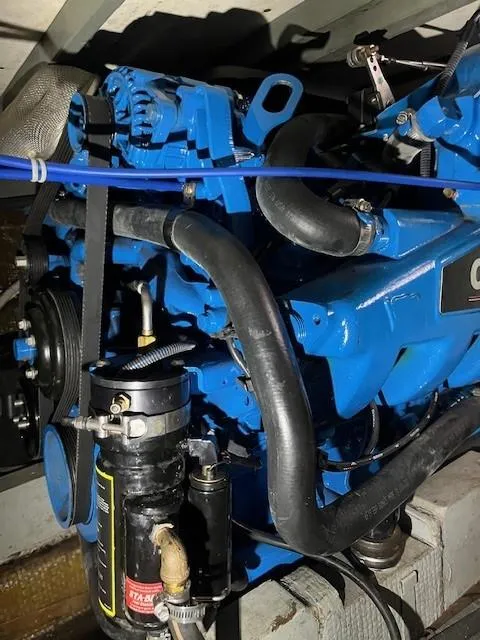 Slide: The Image of 1970 Chris-Craft Commander Sport Cruiser Fly Bridge engine, blue, detailed view. - 13