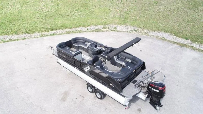 Slide: The Image of 2023 Crest Caribbean RS 230 SLC pontoon boat on trailer, aerial view. - 6