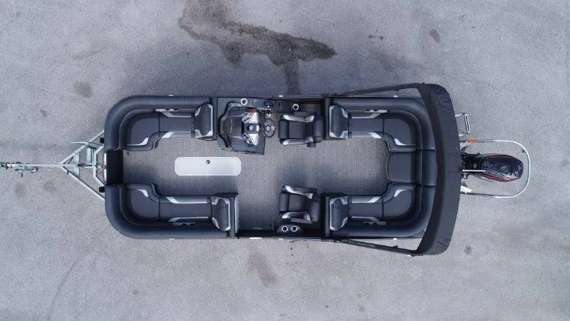 Slide: The Image of 2023 Crest Caribbean RS 230 SLC pontoon boat, aerial view, spacious seating, modern design. - 7