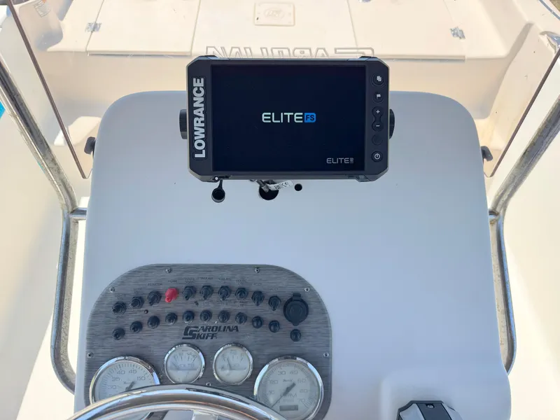 Slide: The Image of 2020 Carolina Skiff 19 LS dashboard with Lowrance Elite FS navigation system. - 15