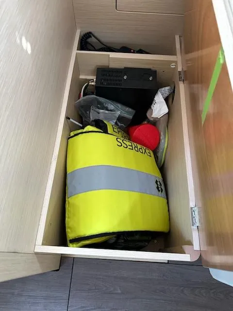 Slide: The Image of Storage compartment on Jeanneau Sun Odyssey 51, 2017, with safety gear and equipment. - 36