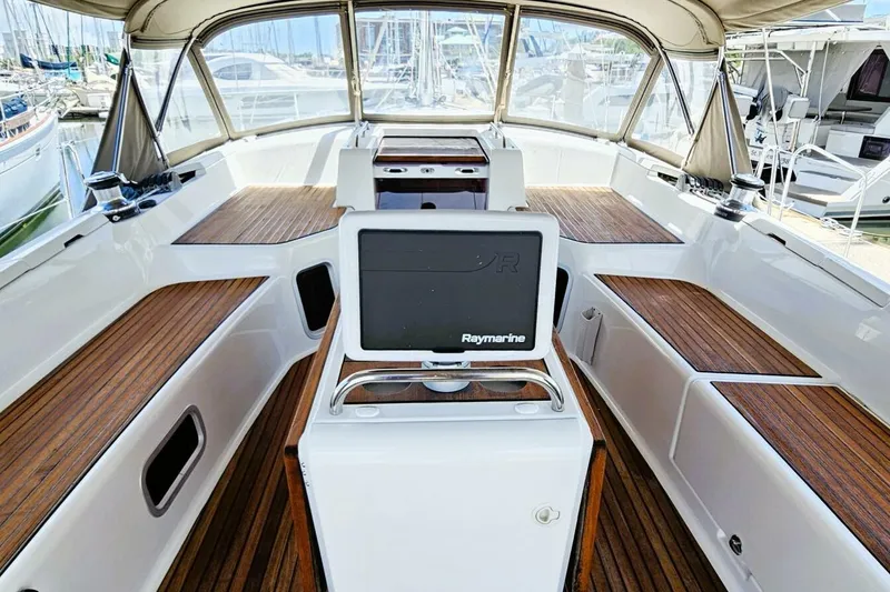 Slide: The Image of Cockpit of 2017 Jeanneau Sun Odyssey 51 with Raymarine navigation system. - 41