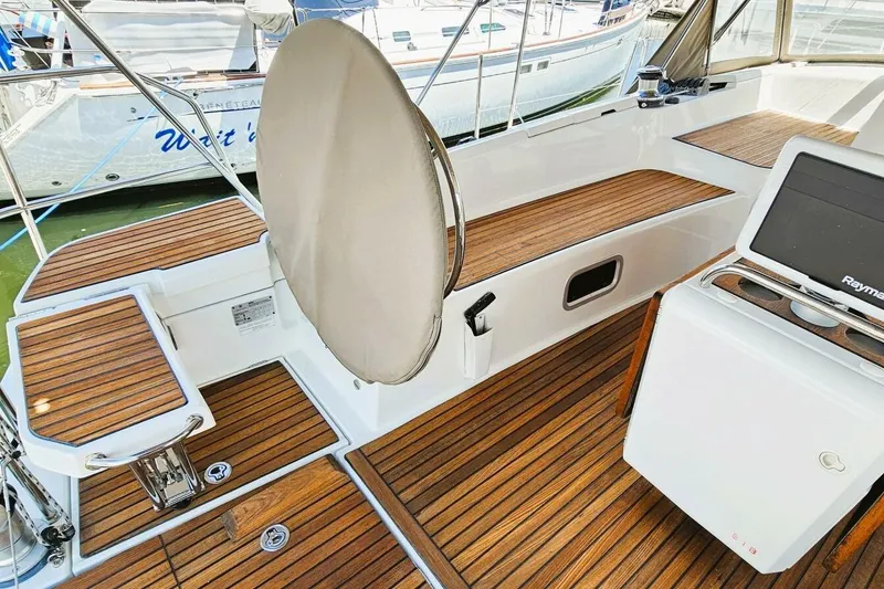 Slide: The Image of Jeanneau Sun Odyssey 51 yacht cockpit with teak flooring, 2017 model. - 45