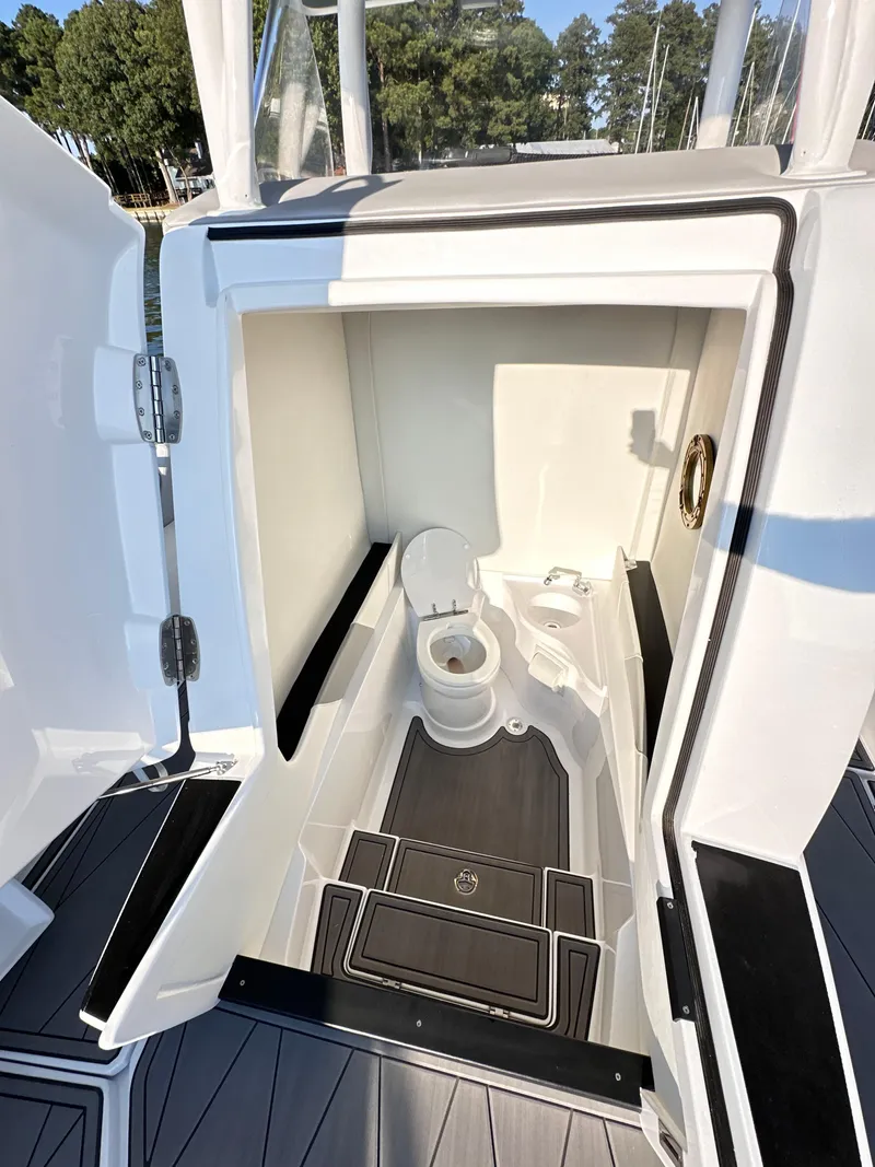 Slide: The Image of 2023 Statement 350 Open boat interior with compact bathroom and modern design. - 16