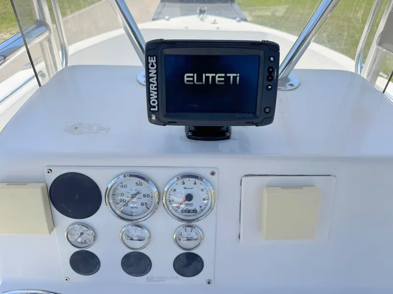 Slide: The Image of Dashboard of 2005 Sea Chaser 2100 Offshore with Lowrance Elite Ti display and gauges. - 16