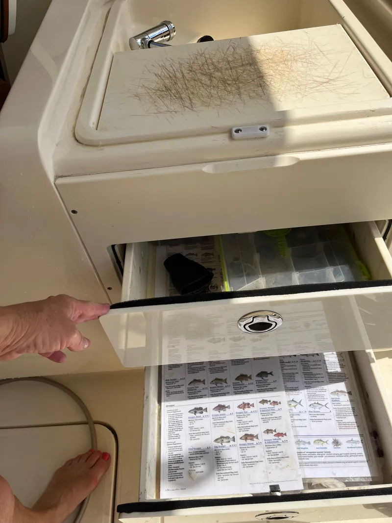 Slide: The Image of Interior of a 2015 Scout 275 Dorado boat with open storage drawers. - 20